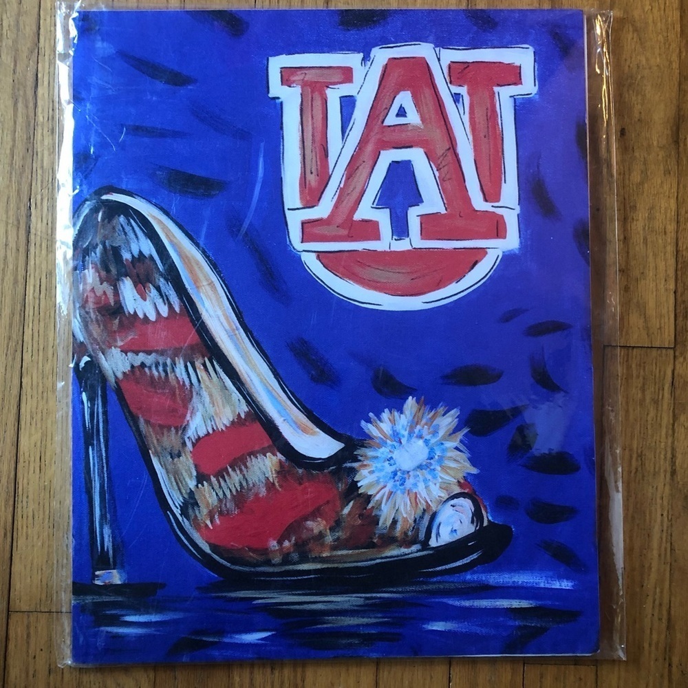 Auburn University Art Print Blue with Orange AU & Tiger Striped High Heel Shoe